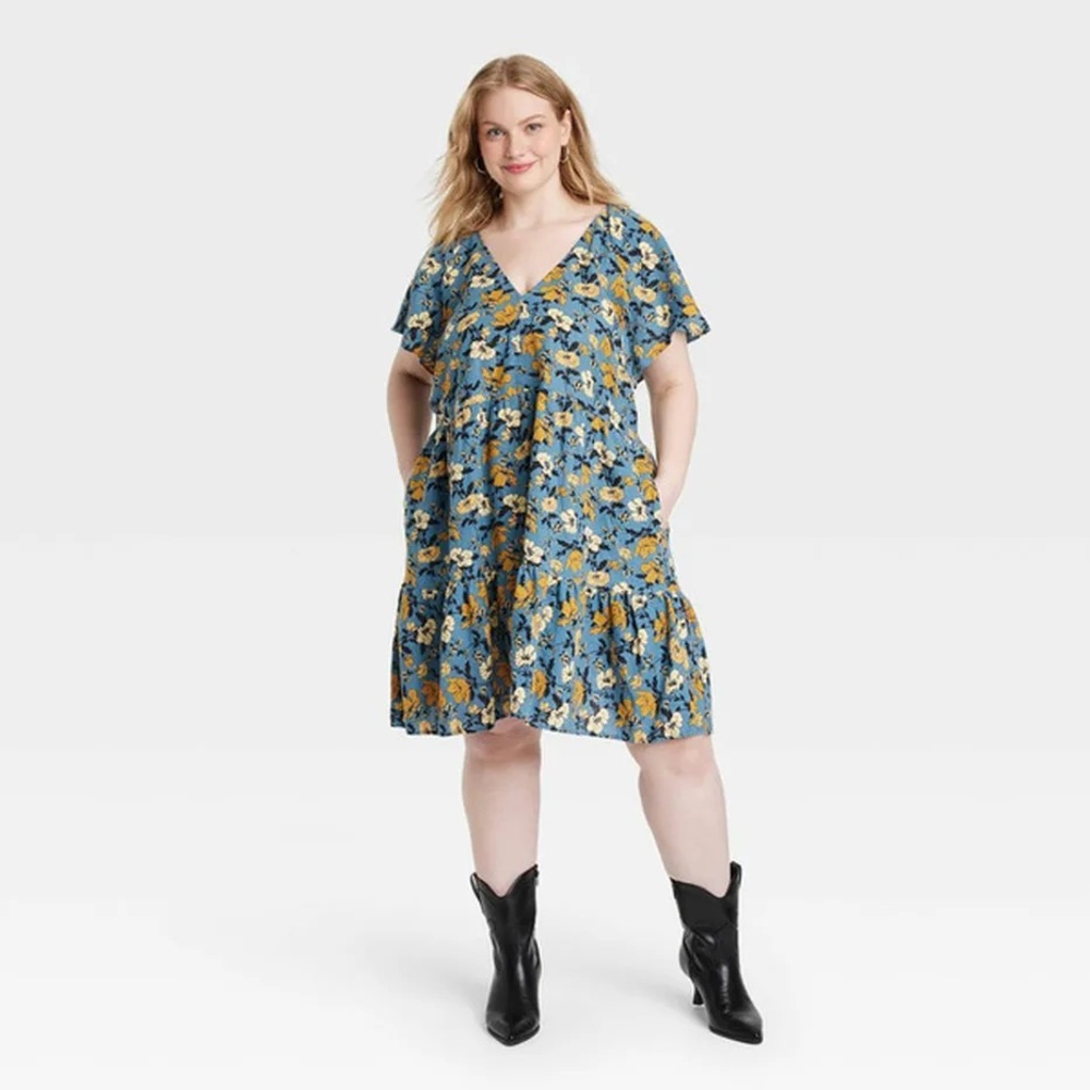 Universal Thread Floral Blue and Gold Midi Dress